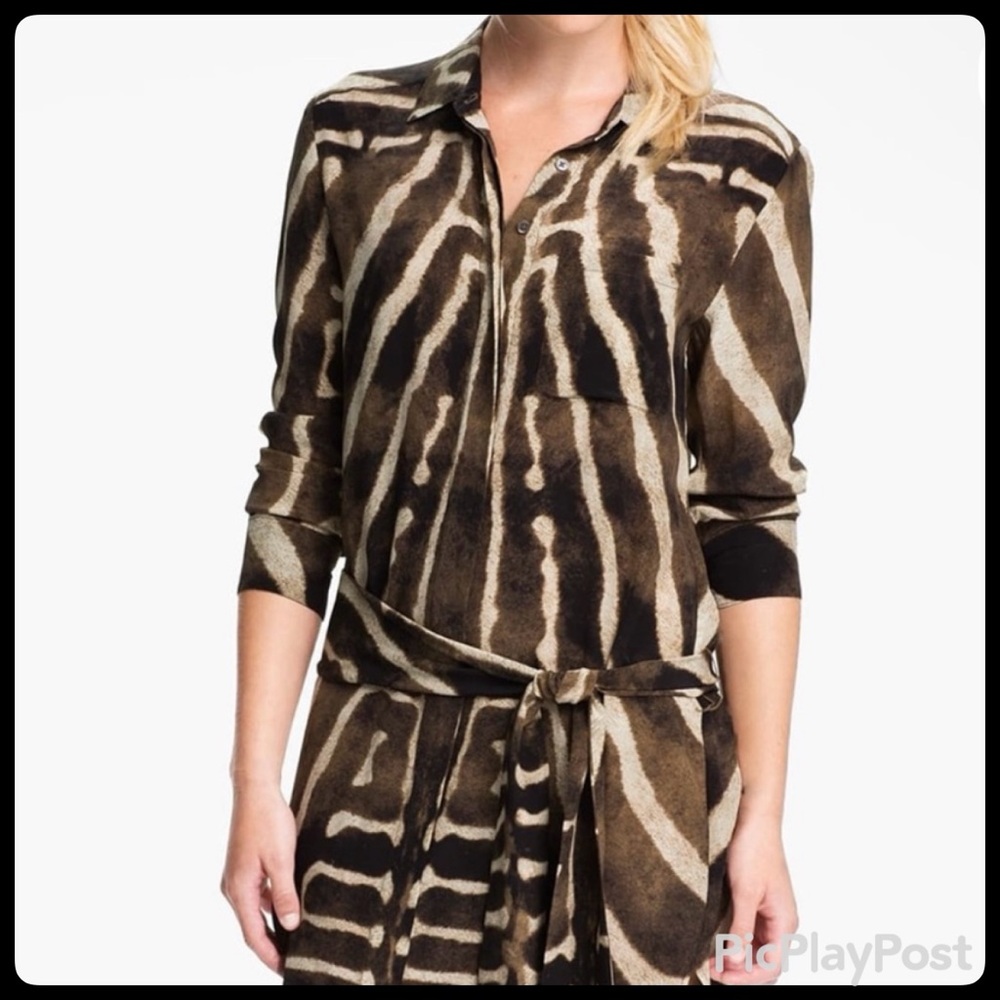 Haute Hippie 100% Silk Zebra-Print Long-Sleeve Shirt Dress (Size M) NWOT